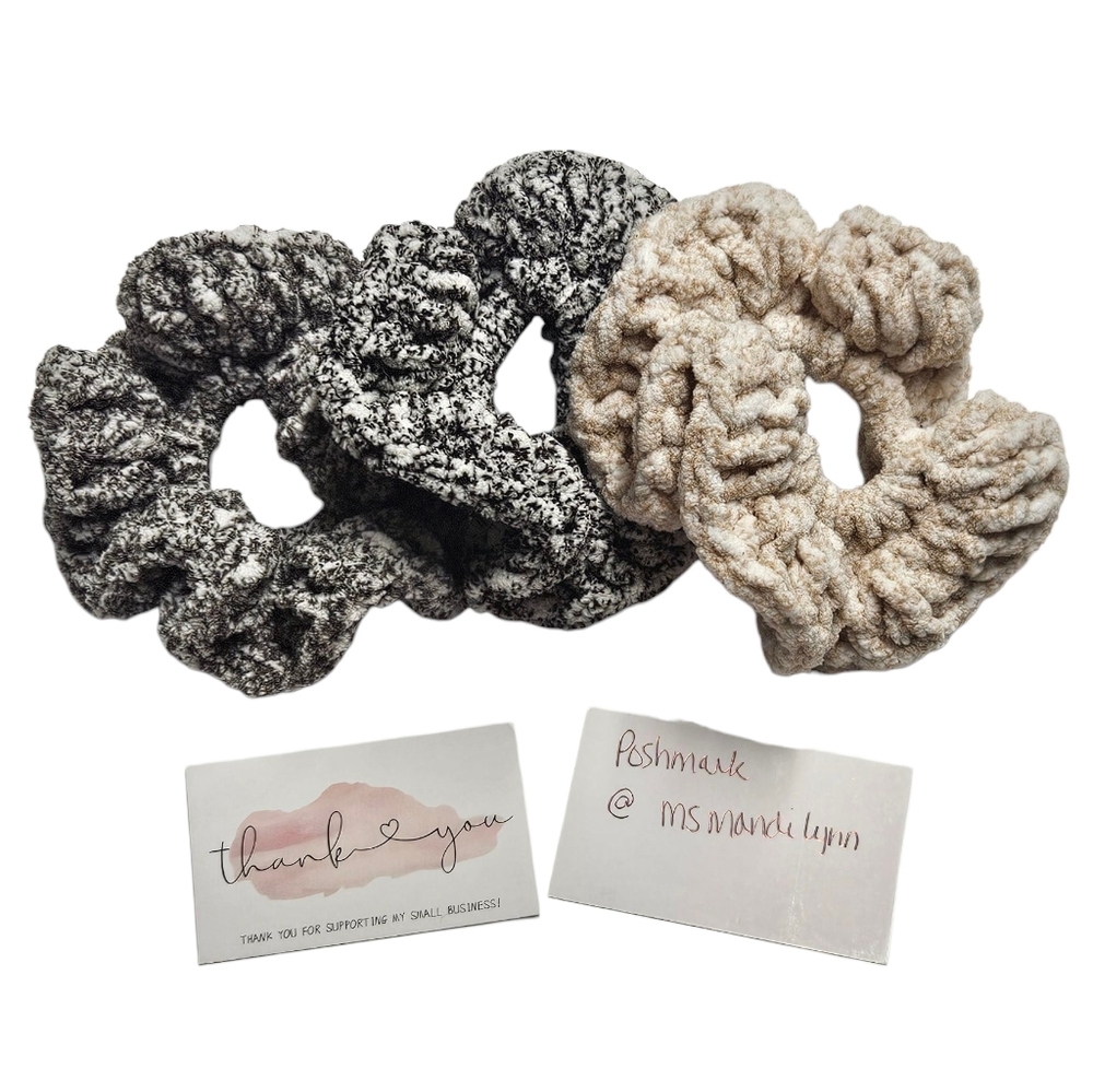 Cozy Knit Hair Scrunchie Trio - Black, Gray, Tan